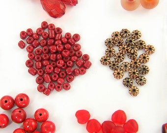 Assorted Red Beads, Red Orange Copper Bead Assortment, Glass Plastic Bead Mix, Round Cube Heart Beads, Bead Stash Sellout |LG6-6