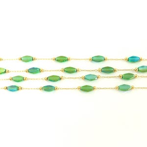 Green and Gold Bead Chain, Emerald AB Flat Bicone with Fine Rectangle Link Chain, Bulk Chain by the Foot |GR4-11|1 foot