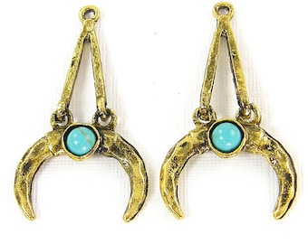 Turquoise Antique Gold Double Horn Earring Findings or Pendant Crescent Moon Hammered Texture Jewelry Component |B2-10|2