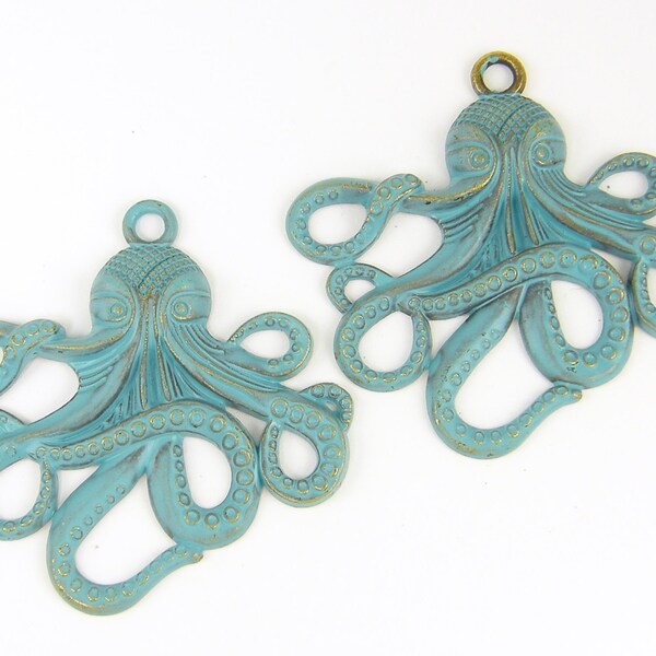 Krake Anhänger 2 Pcs Grünspan Patina grün Bronze offene Meereslebewesen nautischer Schmuck Supply Ohrring beim Suchen | LG8-15|2
