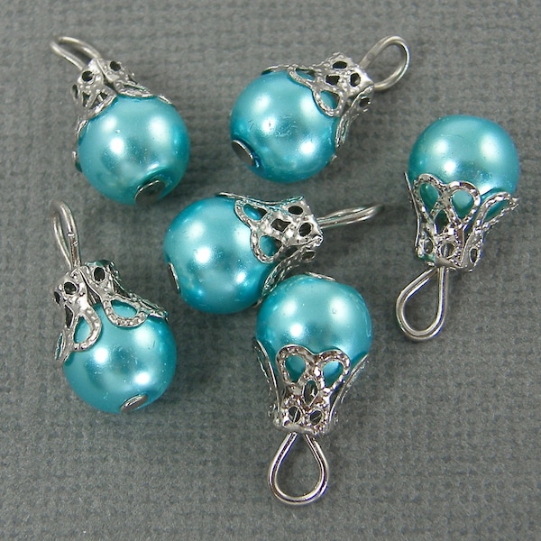 6 Pcs Aqua Pearl Bead Dangles, 8mm Aqua Blue Drops for Earrings Bracelet Necklace, Silver Lacy Filigree Bead Cap with Loop |B9-1|6