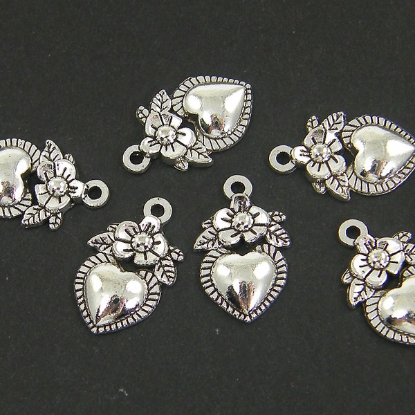 10 Pcs Tiny Silver Heart and Flower Charms, Romantic Dainty Floral Dimensional Heart Small Pendants Earring Findings |LG3-7|10