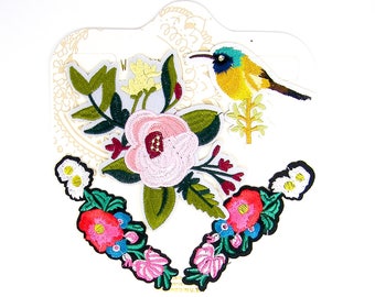 Bird and Flower Iron On Patch, Pink Red Flowers Yellow Bird on Branch Embroidered Applique Fabric Patches