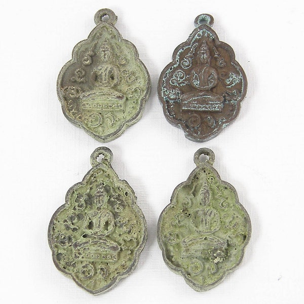 CLOSEOUT Set of 4 Buddha Amulet Pendant - Intricate Seated Buddha Verdigris Green Brown Metal Pendant |BD2-12|4