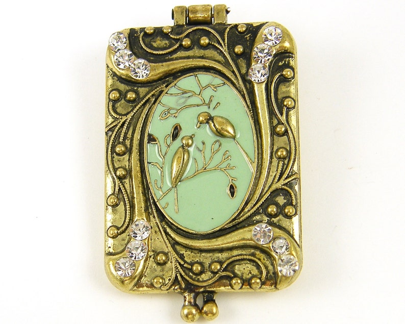 Bird Pendant, Antique Brass Locket with Birds Green Enamel and Rhinestones, Mint Green Bronze Pendant with Magnetic Closure GR1-11 image 1