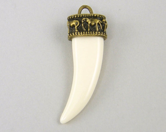 Faux Ivory Tusk Pendant Antique Gold Elephant Fang - Ivory Tusk Pendant Necklace