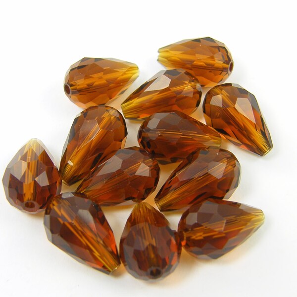 6 Pcs Brown Dark Amber Faceted Teardrop Glass Beads 16mm x 10mm |BR2-3|6