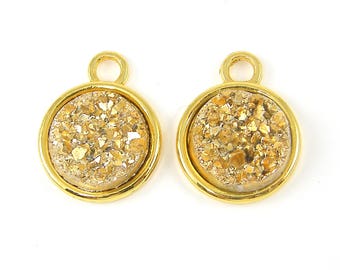 Gold Druzy Earring Findings, Round Gold Druzy Earring Dangles, Gold Drusy Pendants Charms |G6-2|2