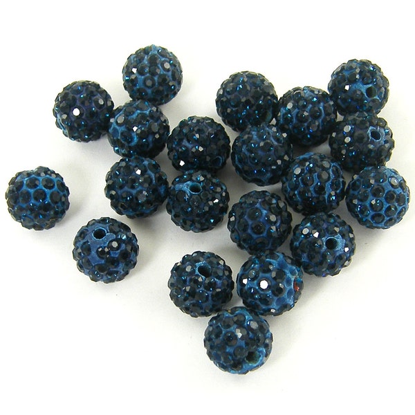 20 Pcs Navy Blue Rhinestone Ball Beads, Dark Blue 10mm Round Sparkling Pave Beads |B2-7|20