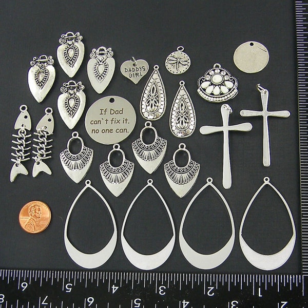 Scratch and Dent Lot of Antique Silver Pendants, Boho Silver Earring Findings Dangles Charms Destash Imperfect Mixed Lot |LG10-5