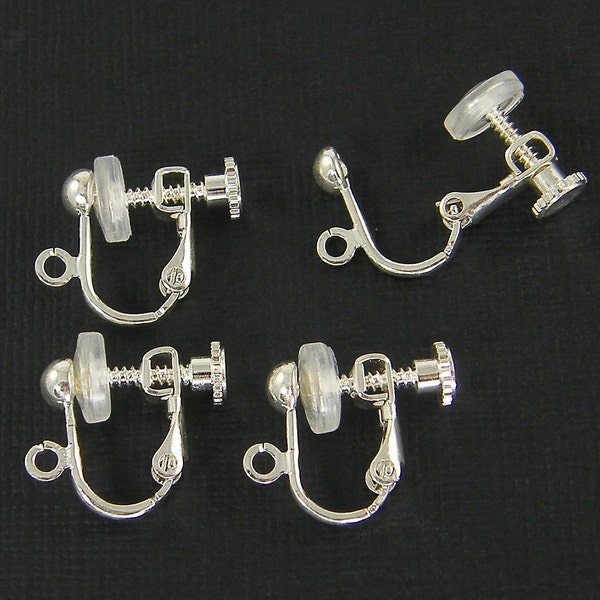 4 Pcs Silver Clip on Earring Findings Bright Silver Plated Comfort Cushion Screw Back with Loop |LG8-10|4