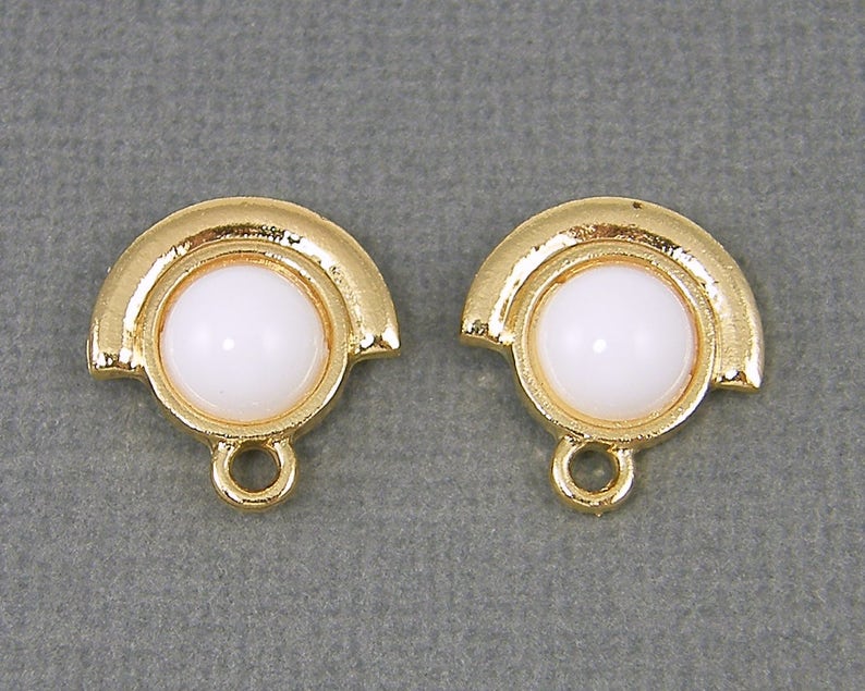 White Earring Posts Gold Semi Circle Round Cab Framed Earring Posts with Loop White Gold Earring Findings WH2-5|2