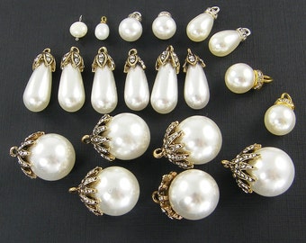 Scratch and Dent Large White Pearl Pendants with Antique Gold Clear Rhinestone, Ornate White Pearl Earring Findings Dangles |LG2-3|1 bag