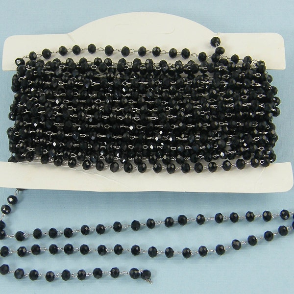 3mm Black Bead Chain, Black Faceted Rondelle Necklace Chain, Small Black Silver Beaded Jewelry Links, Bulk Chain by the Foot |LG2-5|1 foot