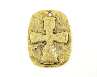 Hammered Gold Cross, 1 Hole Pewter Relief Rustic Christian Cross Pendant |Q3-10|1