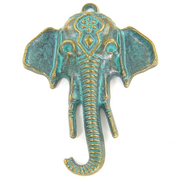 Elephant Pendant, Brass Verdigris Blue Green Patina Elephant Charm Dangle, Jungle Wild Animal Pendant |B5-1|1