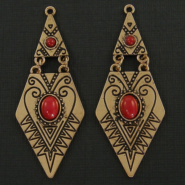 Boho Hippie Red Gold Earring Finding, Tribal Geometric Earring Dangles, Long Gold and Red Ethnic Pendants |R3-1|2