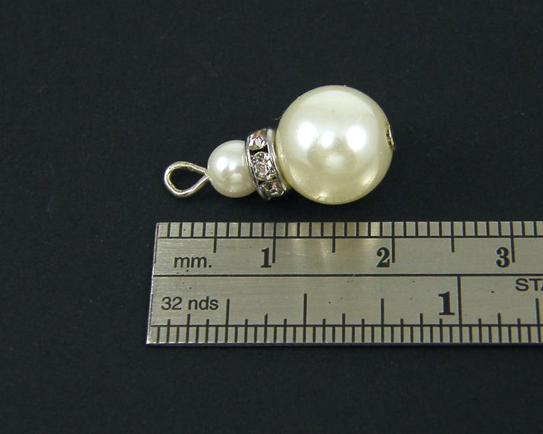 4 Pcs White Pearl Beads 10mm Silver and Clear Rhinestone Pearl Bead Earring Dangles Cap White Pearl Charms Pendants WH3-84 image 2