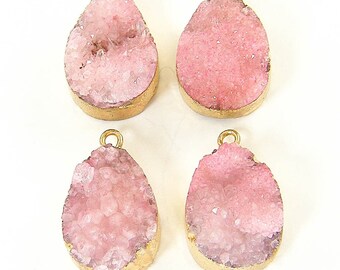 4 Pcs Pink Druzy Agate Pendant, Mauve Drusy Geode Semi Precious Gemstone Gold Trimmed Pendant |P1-13|4