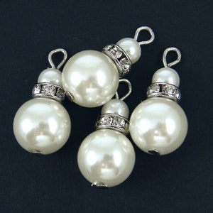 4 Pcs White Pearl Beads 10mm Silver and Clear Rhinestone Pearl Bead Earring Dangles Cap White Pearl Charms Pendants WH3-84 image 1