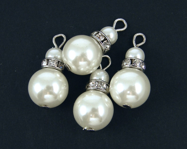 4 Pcs White Pearl Beads 10mm Silver and Clear Rhinestone Pearl Bead Earring Dangles Cap White Pearl Charms Pendants WH3-84 image 1