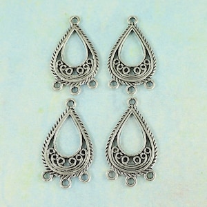 4 Pcs Silver Earring Findings Antique Silver Teardrop Filigree Chandelier Component Jewelry Supply |S4-4|2