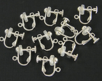 20 Pcs Silver Clip on Earring Findings Bright Silver Plated Screw Back with Loop Comfort Cushion |LG1-12|20