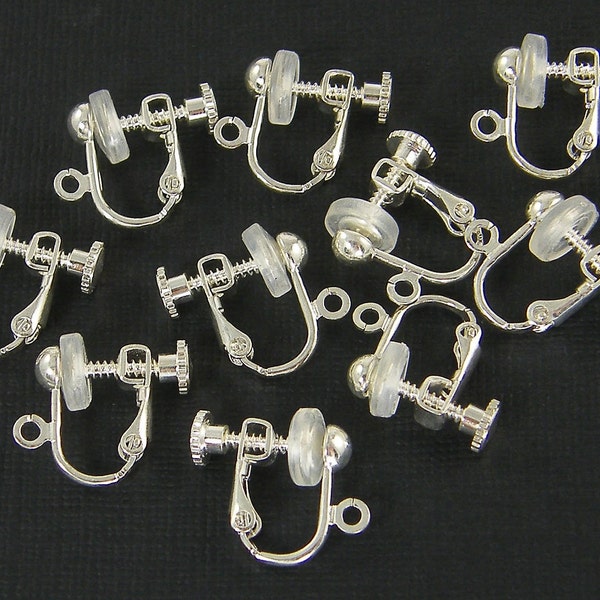 20 Pcs Silver Clip on Earring Findings Bright Silver Plated Screw Back with Loop Comfort Cushion |LG1-12|20
