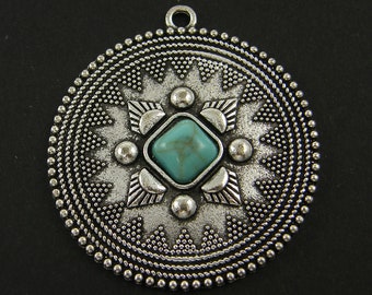 Turquoise Antique Silver Pendant, Aqua Square Granulated Point Round Medallion Southwestern |B10-6|1