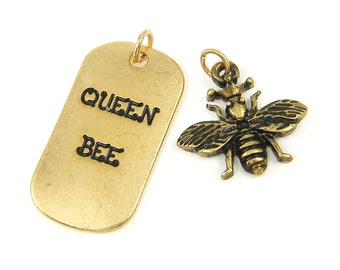 Queen Bee Charm Set, Antique Gold Bumblebee Pendant, Bee Insect Lover Charms |G4-10|1 set of 2 pieces