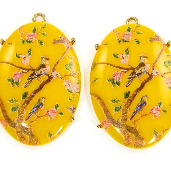 Yellow Bird Pendant, Whimsical Bird on a Branch Goldenrod Gold Pink Flower Blue Bird Nature Earring Findings Oval Charming Drop |G12-9|2