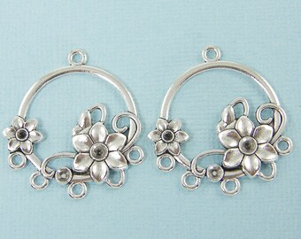 Antique Silver Flower Earring Finding Round Chandelier Earring Floral Component Pendant Jewelry Supply |S14-9|2