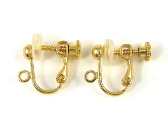 4 Pcs Gold Clip on Earring Findings Bright Gold Plated Screw Back with Loop and Comfort Cushion |LG3-13|4