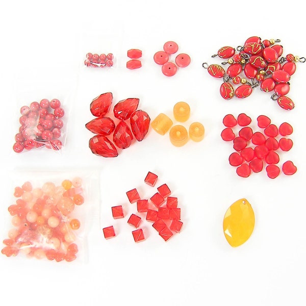 Red Bead Assortment, Red Orange Peach Glass Plastic Bead Mix, Round Cube Oval Assorted Beads, Destash Lot Closeout Sale |LG5-4