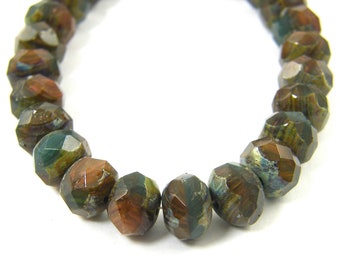 8mm x 6mm Green Rust Picasso Beads, Tan Brown Faceted Rondelle Czech Glass Beads, Earthy Color Beads |R4-1|24