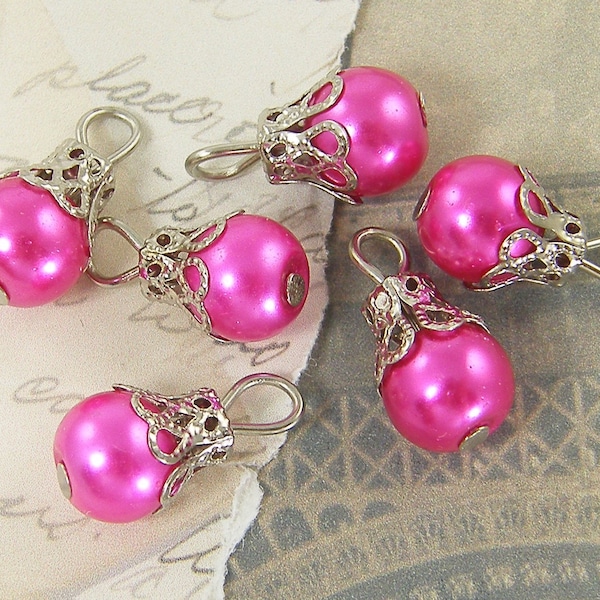 6 Pcs Hot Pink Pearl Bead Dangles, 8mm Fushcia Magenta Drops for Earrings Bracelet Necklace, Silver Lacy Filigree Bead Cap with Loop |P4-4|6