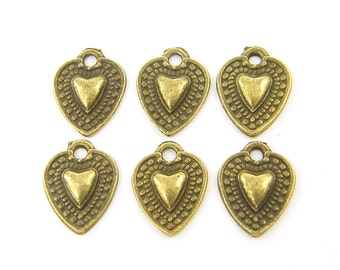 Small Heart Charm Bronze Granulation Antiqued Brass Heart Pendant Earring Dangles - 6 Pieces |AN6-2|6