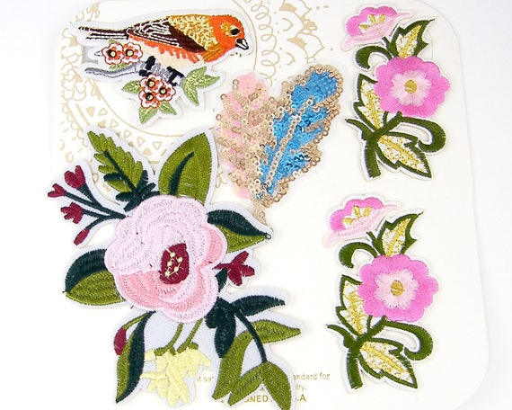 Iron on Blue Bird with Pink Flower Patch Iron on Blue Bird with Pink Flower Patch