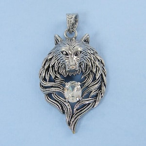 Men&#39;s Antique Silver Wolf Pendant, Silver Wolf Head Charm with Clear Crystal, Animal Nature Jewelry Supplies |LG11-6|1