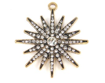 Starburst Pendant, Clear Rhinestone Star Pendant, Celestial Pendant Antique Gold Sunburst Jewelry Component |LG2-2|1