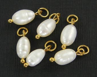 6 Pcs White Pearl Bead Dangles, Small Cream White Freshwater Pearl Beads with Gold Jump Ring and Loop Pearl Drop Charms |WH5-11|6