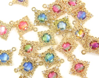 6 Pcs Assorted Earring Connectors, Colorful Jewelry Links, Gold Filigree, Multicolor Square Rhinestone Crystal Bracelet Jewelry Link |G9-1|6