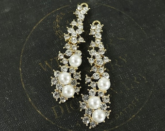 Bridal Pearl Earring Findings Long Clear Rhinestone Cascading Gold Drop Wedding Jewelry Supply |LG9-3|2