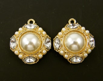 White Pearl Cluster Earring Findings in Gold with Clear Rhinestones Ornate Wedding Bridal Pendant Finding |WH3-1|2