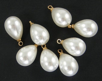 10 Pcs White Pearl Teardrop Beads, White Pearl Drop with Gold Bead Cap, White Pearl Pendants Charms |LG6-7|10