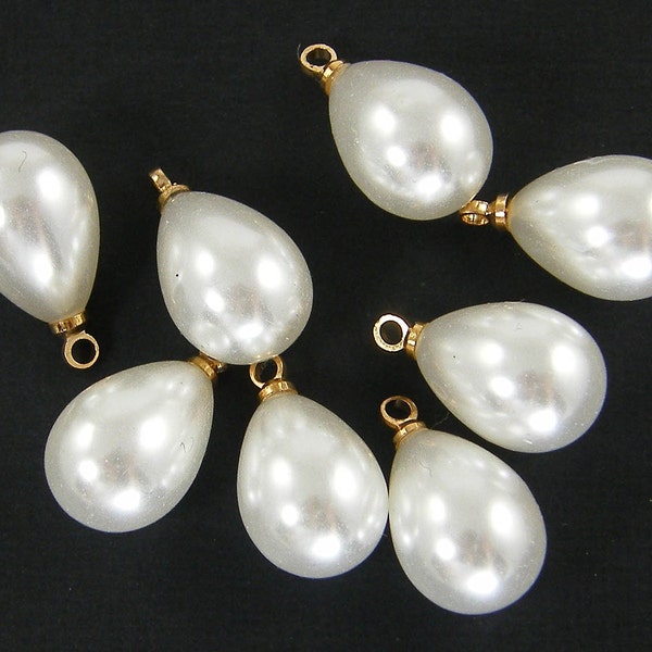 10 Pcs White Pearl Teardrop Beads, White Pearl Drop with Gold Bead Cap, White Pearl Pendants Charms |LG6-7|10