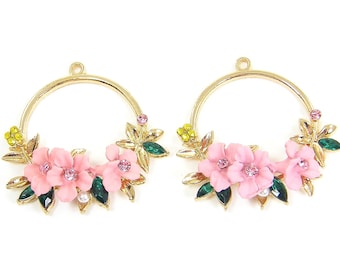 Pink Flower Earring Findings, Pink Gold Hoop Circle Green Leaf Yellow Rhinestone Floral Garden Dangles Pendant |P3-7|2