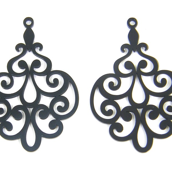 Black Lacy Lace Earring Dangles Charms, Laser Cut Filigree Earring Finding Black Moroccan Style Damask Cutout Component |BL1-10|2
