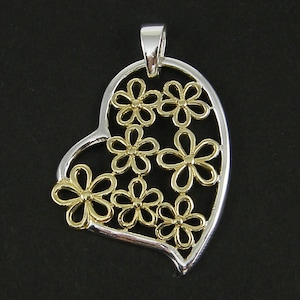 Sterling Silver Heart Pendant, Vermeil Flower Pendant, Open Heart with Flowers Pendant, Mixed Metal Heart and Flowers Charm |S2-8|1