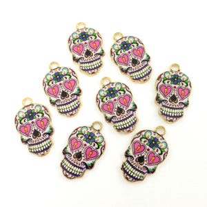 8 Pcs Colorful Sugar Skull Charms with Pink Heart and Floral Details, Dia de los Muertos Earring Findings Pendants |P1-13|8